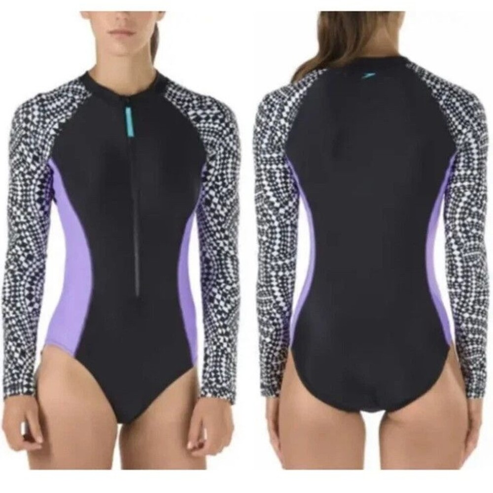 Speedo Black and Purple Long-Sleeve One-Piece Swim Suit